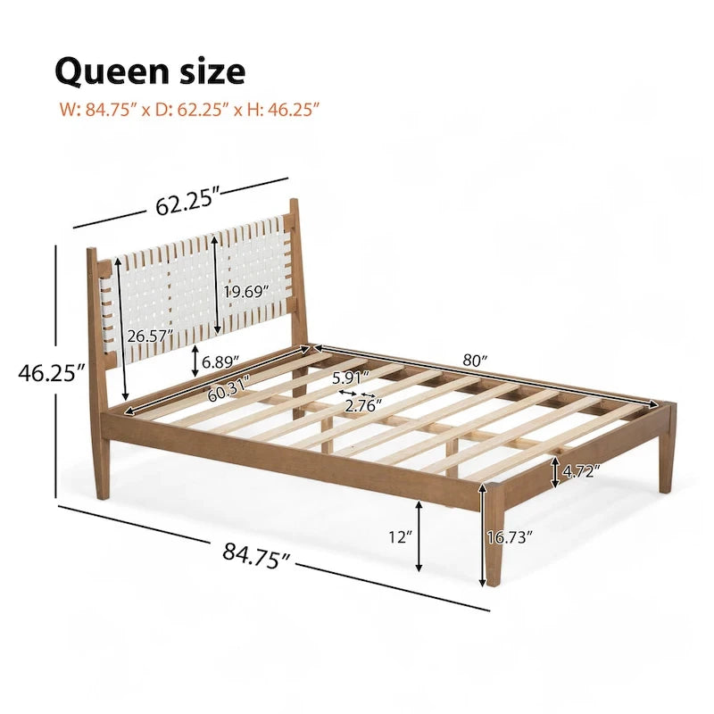 Lit plateforme Harrison Queen avec tête de lit en cuir tressé et cadre en bois massif