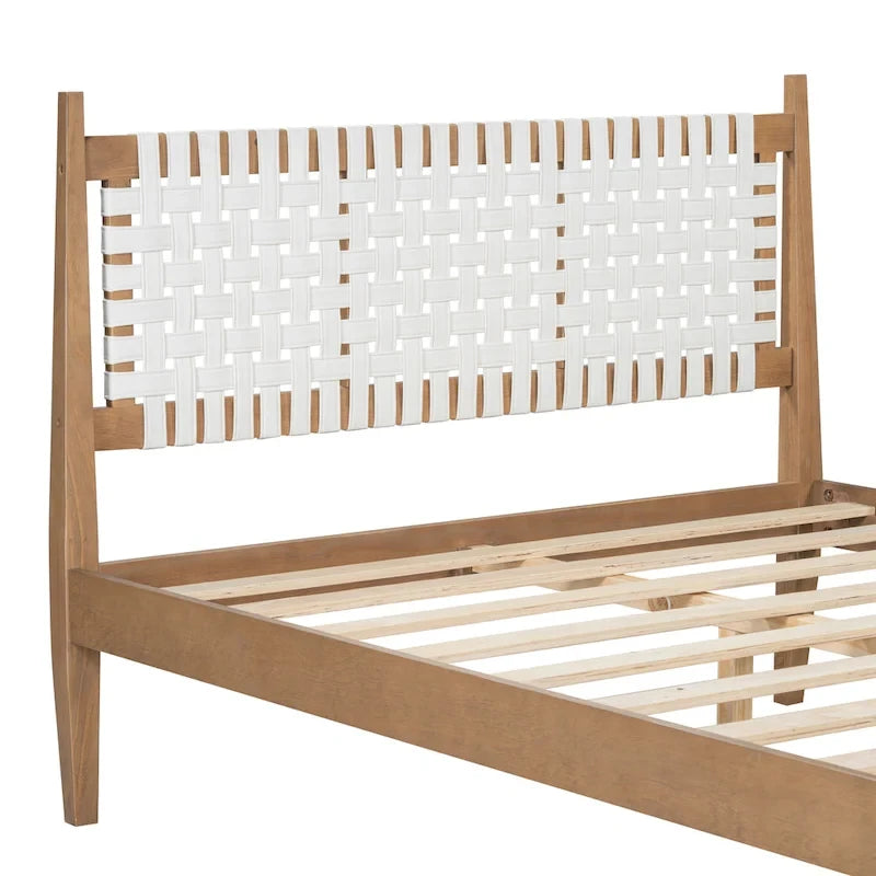 Lit plateforme Harrison Queen avec tête de lit en cuir tressé et cadre en bois massif