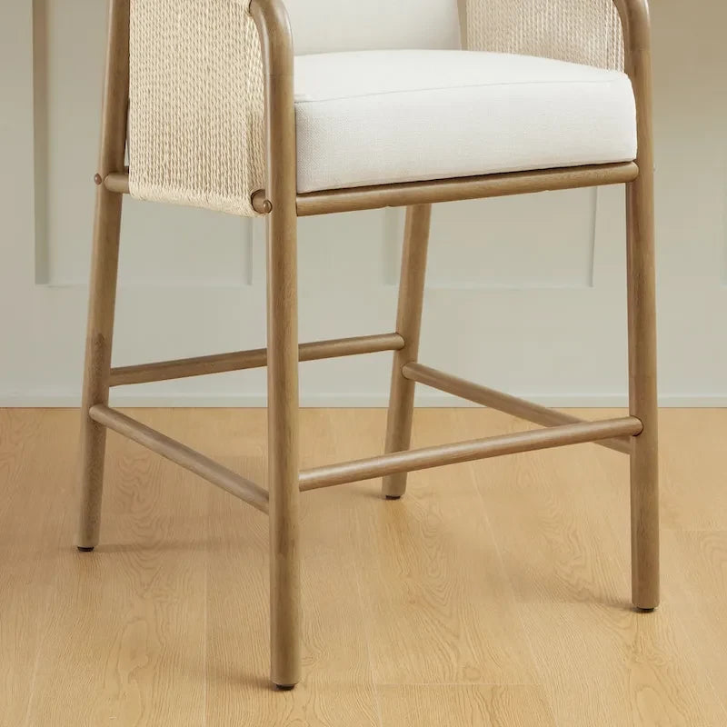Tabouret de bar Lynn hauteur comptoir avec accoudoirs tressés en bois - Lot de 2