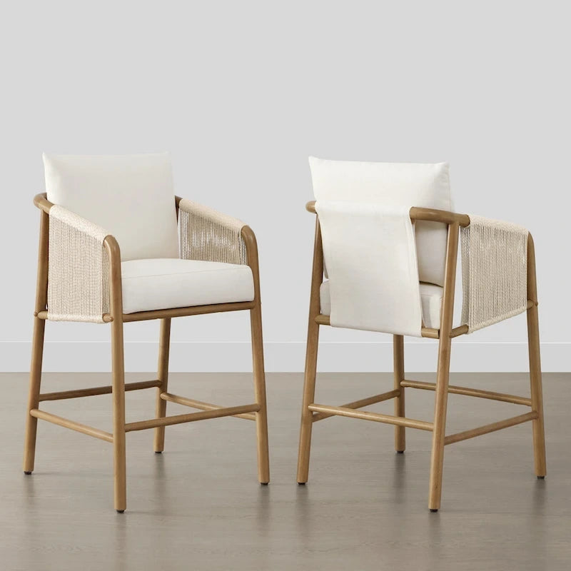 Tabouret de bar Lynn hauteur comptoir avec accoudoirs tressés en bois - Lot de 2