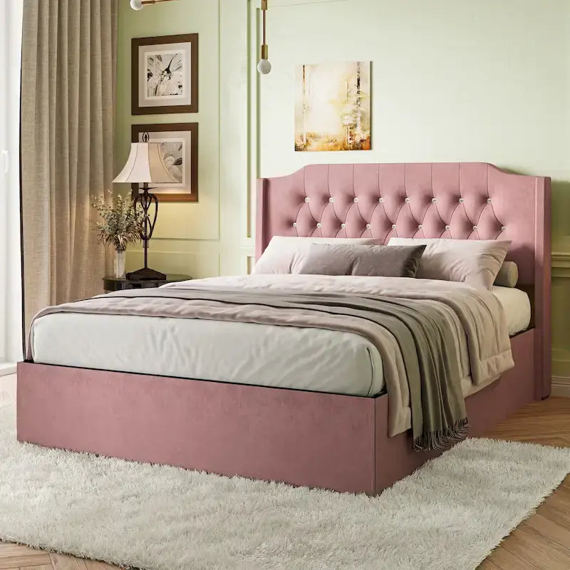Cadre de lit capitonné Queen Size avec boutons en cristal, tête de lit à oreilles et rangement sous le lit, Rose