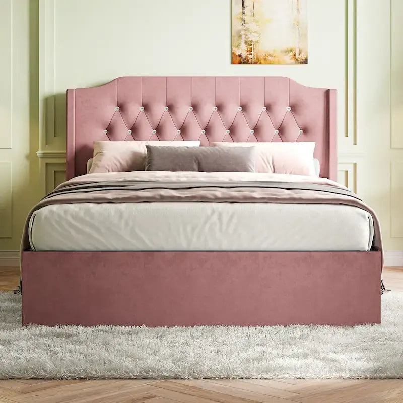 Cadre de lit capitonné Queen Size avec boutons en cristal, tête de lit à oreilles et rangement sous le lit, Rose