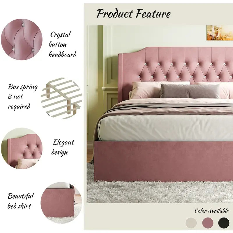 Cadre de lit capitonné Queen Size avec boutons en cristal, tête de lit à oreilles et rangement sous le lit, Rose