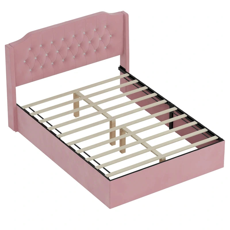 Cadre de lit capitonné Queen Size avec boutons en cristal, tête de lit à oreilles et rangement sous le lit, Rose