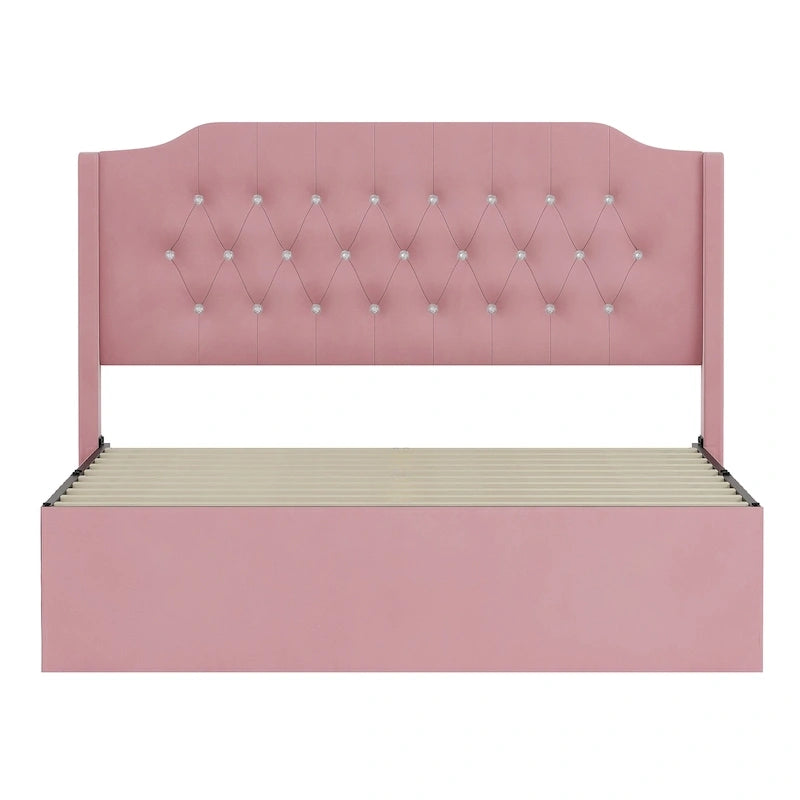 Cadre de lit capitonné Queen Size avec boutons en cristal, tête de lit à oreilles et rangement sous le lit, Rose
