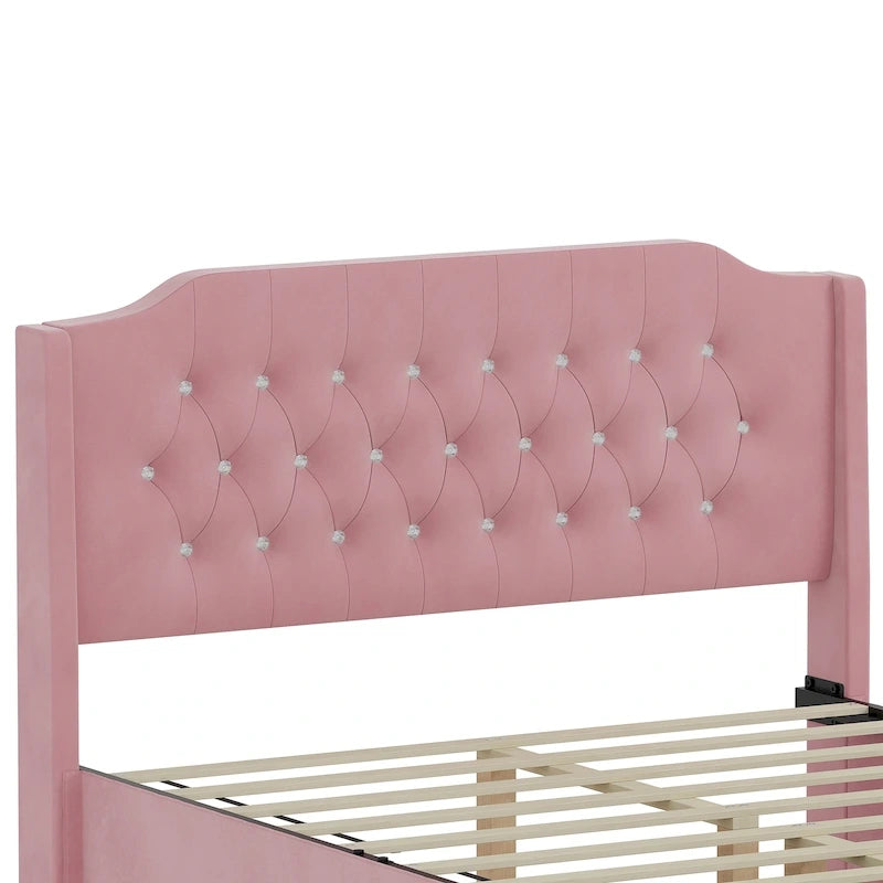 Cadre de lit capitonné Queen Size avec boutons en cristal, tête de lit à oreilles et rangement sous le lit, Rose
