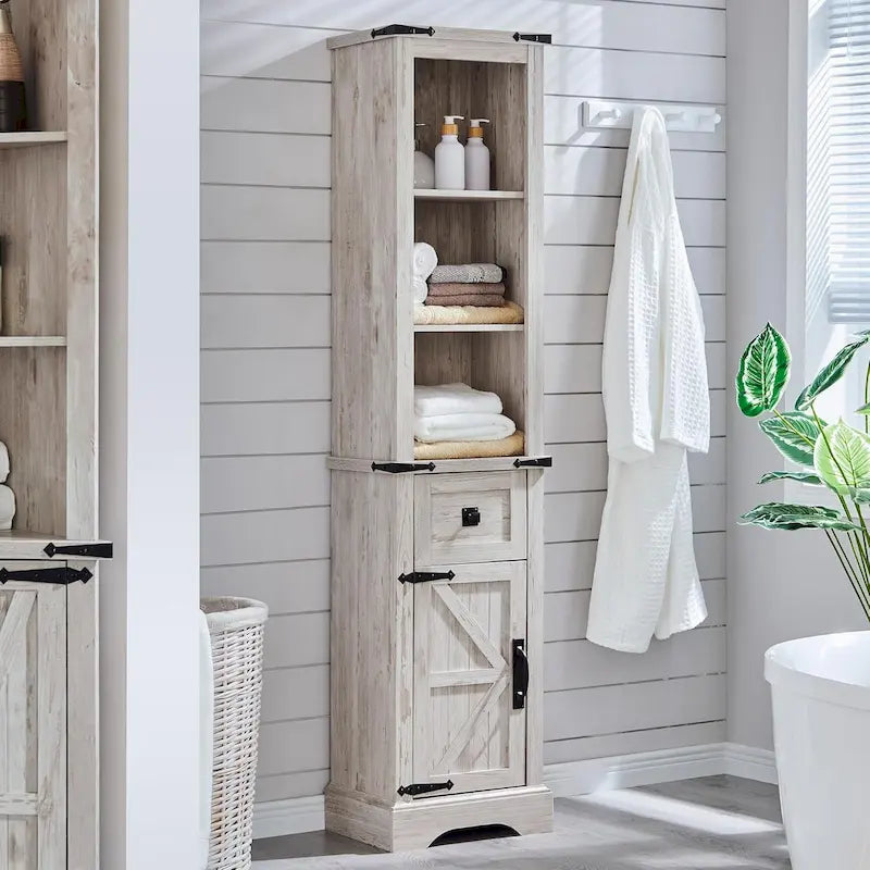 Meuble de Rangement Salle de Bain Slim de Style Ferme, Armoire de Rangement Haute de 68