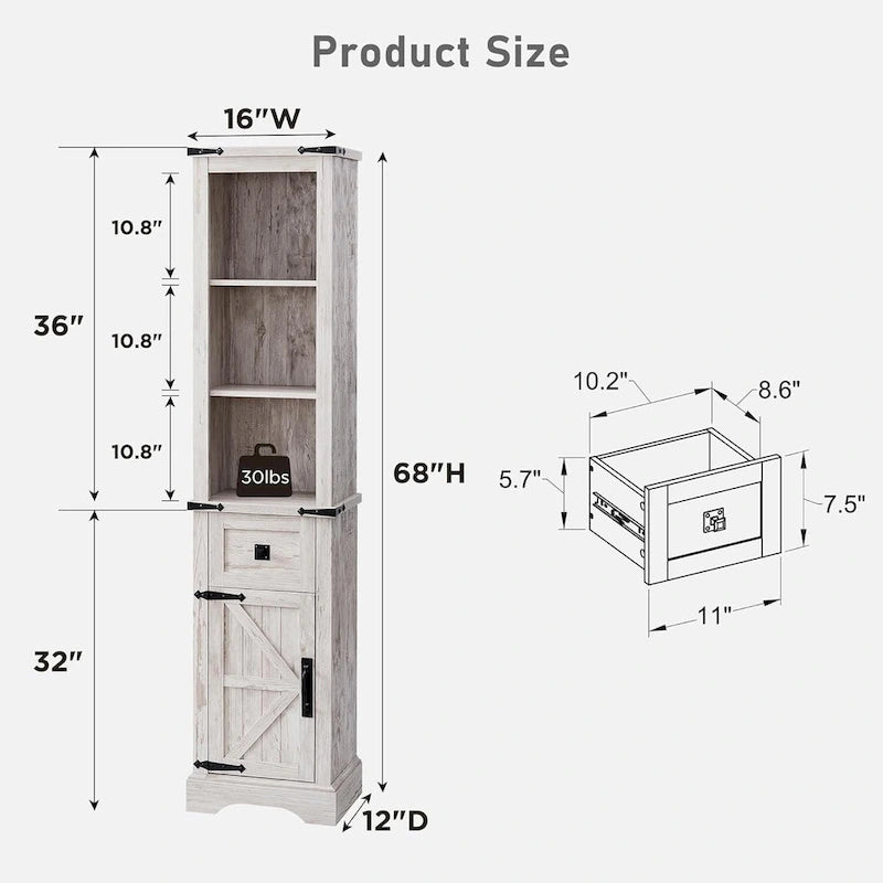 Meuble de Rangement Salle de Bain Slim de Style Ferme, Armoire de Rangement Haute de 68