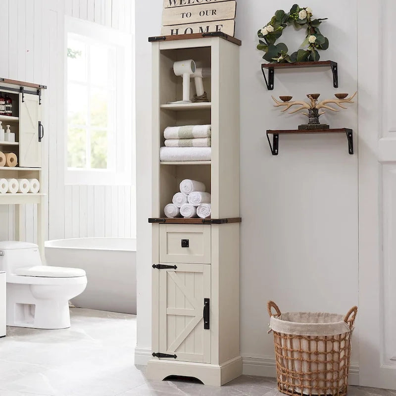 Meuble de Rangement Salle de Bain Slim de Style Ferme, Armoire de Rangement Haute de 68