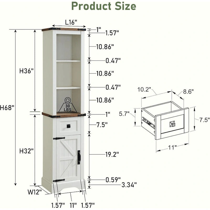 Meuble de Rangement Salle de Bain Slim de Style Ferme, Armoire de Rangement Haute de 68