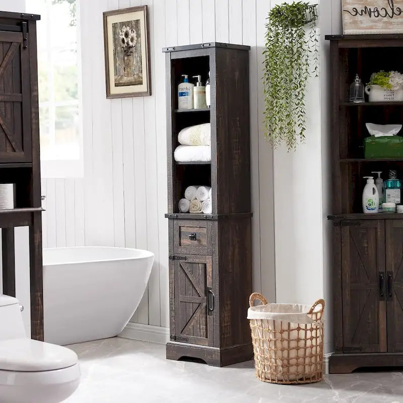 Meuble de Rangement Salle de Bain Slim de Style Ferme, Armoire de Rangement Haute de 68