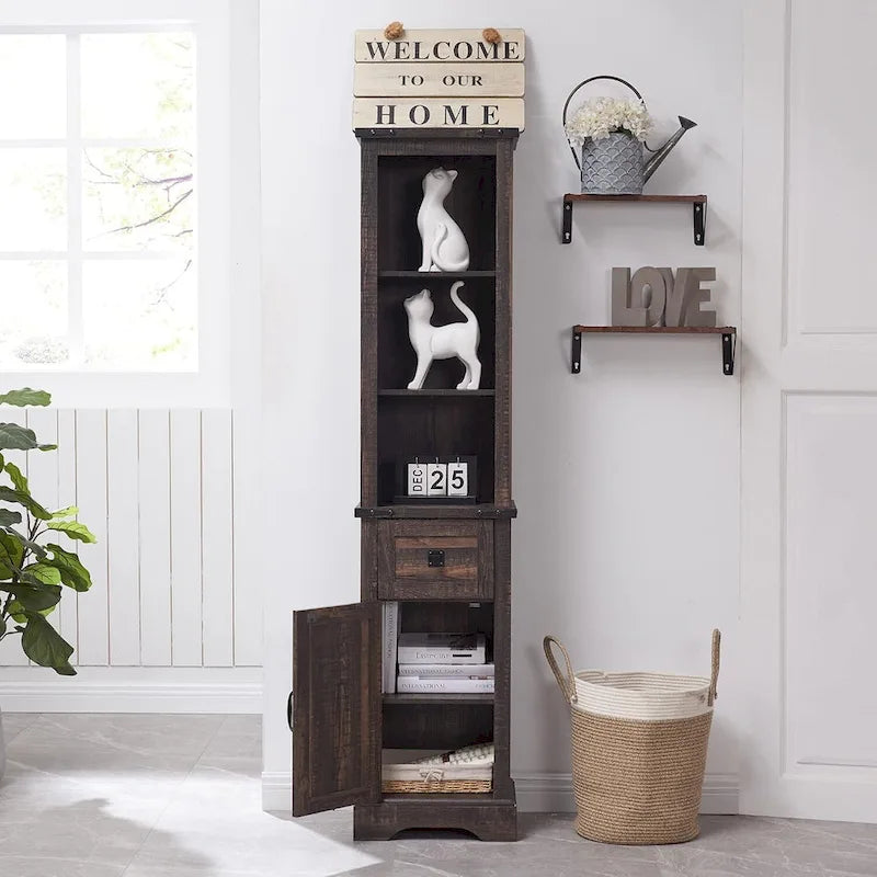 Meuble de Rangement Salle de Bain Slim de Style Ferme, Armoire de Rangement Haute de 68