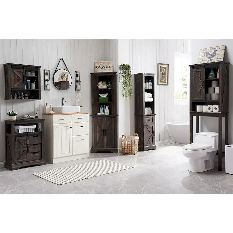 Meuble de Rangement Salle de Bain Slim de Style Ferme, Armoire de Rangement Haute de 68