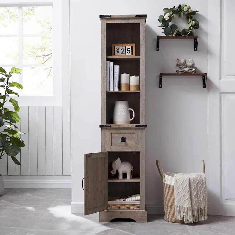 Meuble de Rangement Salle de Bain Slim de Style Ferme, Armoire de Rangement Haute de 68