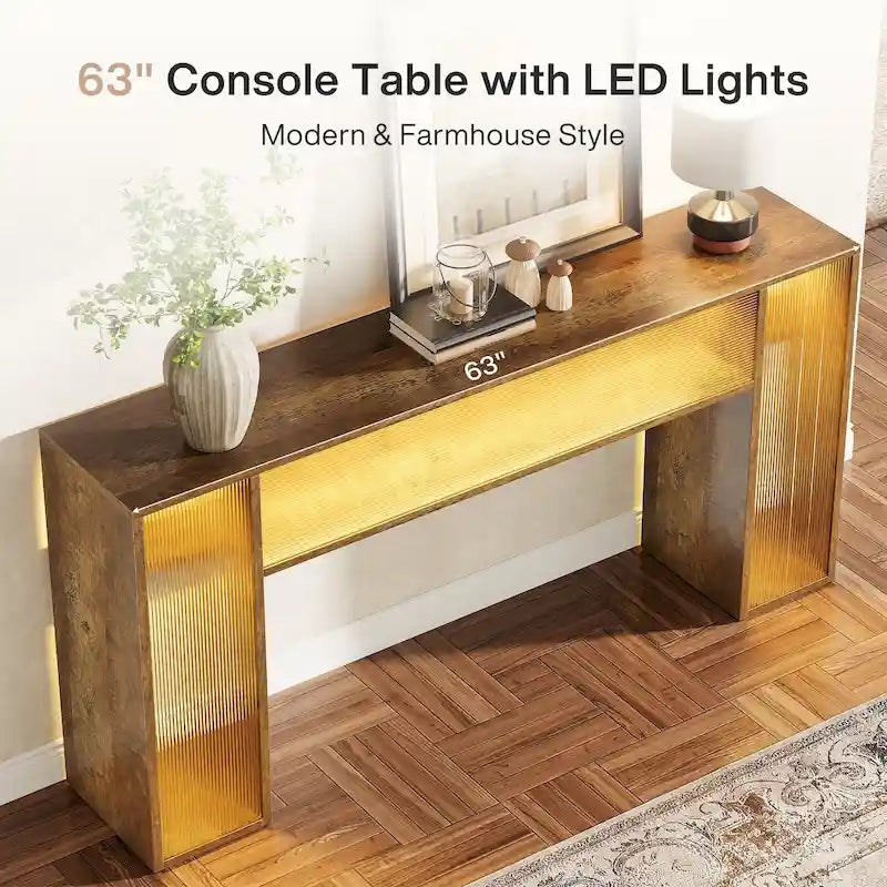 Console de canapé de ferme de 63 pouces avec lumières LED pour entrée - 62,99 L x 11,81 P x 33,07 H