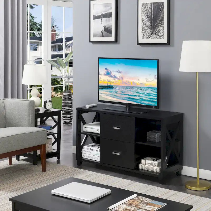 Meuble TV Oxford Deluxe à 2 tiroirs avec étagères pour téléviseurs jusqu'à 55 pouces