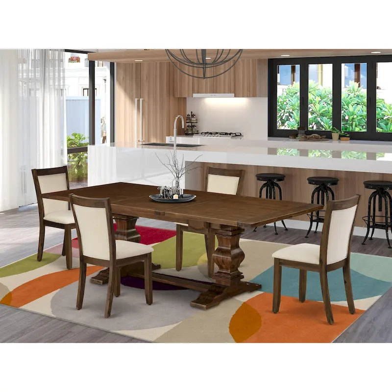Ensemble table à manger avec table en bois et chaises en tissu de lin beige clair