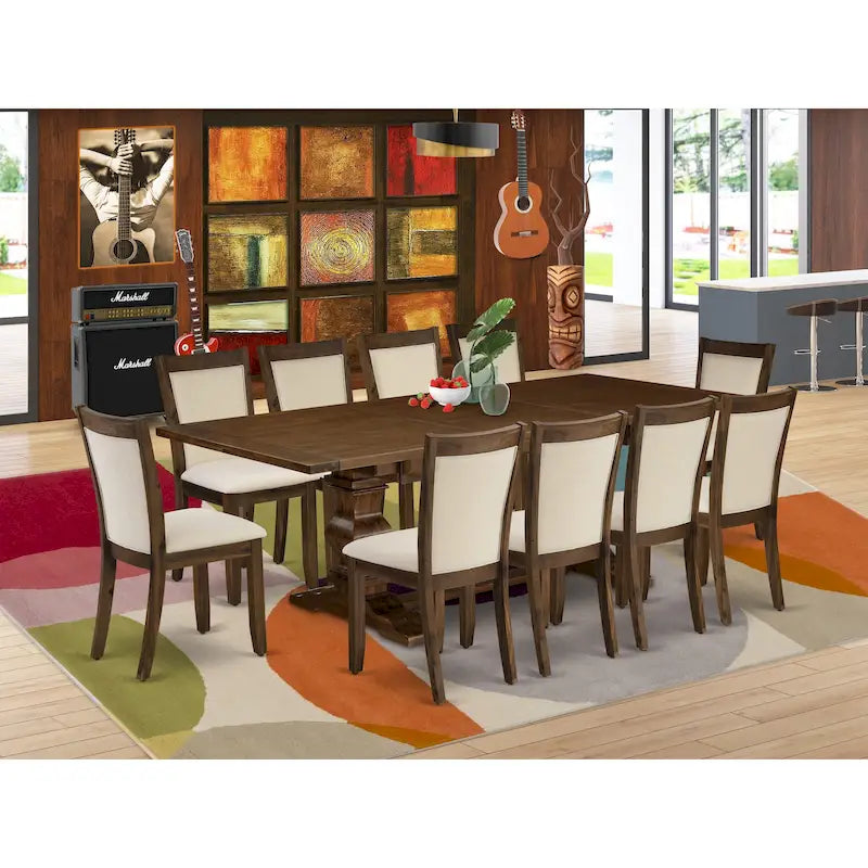 Ensemble table à manger avec table en bois et chaises en tissu de lin beige clair