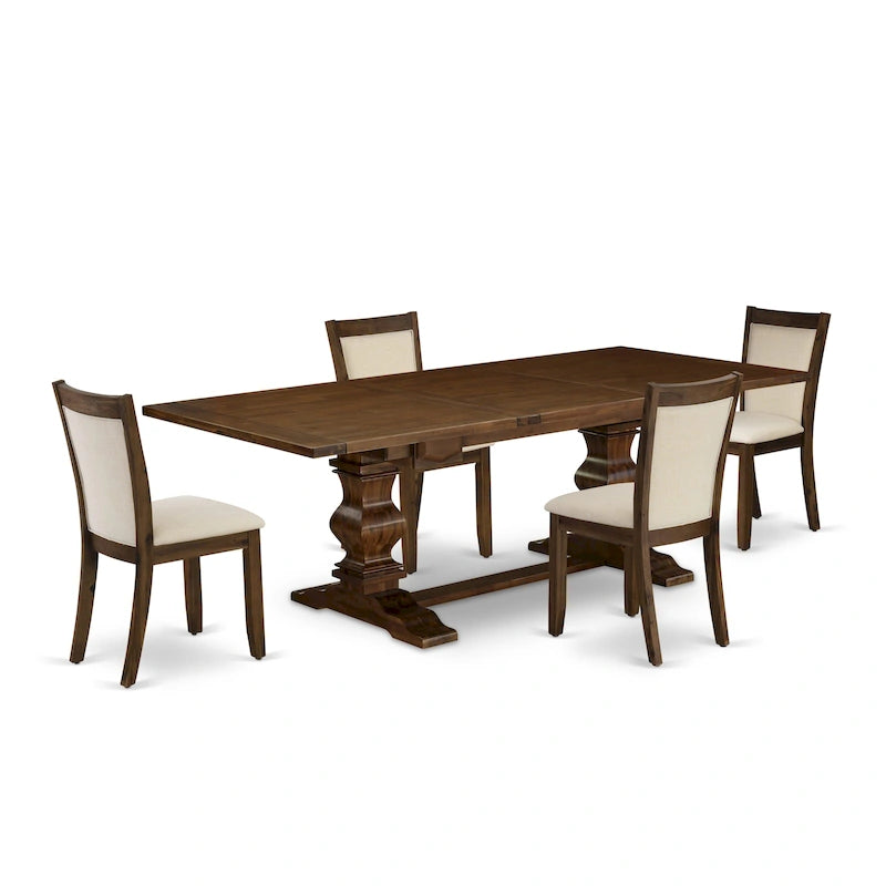 Ensemble table à manger avec table en bois et chaises en tissu de lin beige clair