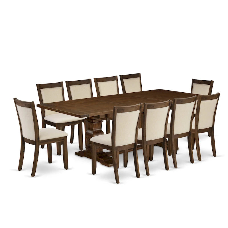 Ensemble table à manger avec table en bois et chaises en tissu de lin beige clair