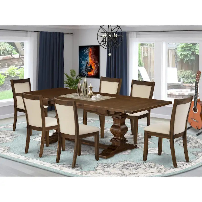 Ensemble table à manger avec table en bois et chaises en tissu de lin beige clair