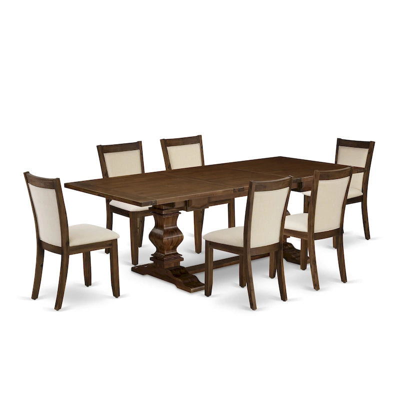 Ensemble table à manger avec table en bois et chaises en tissu de lin beige clair