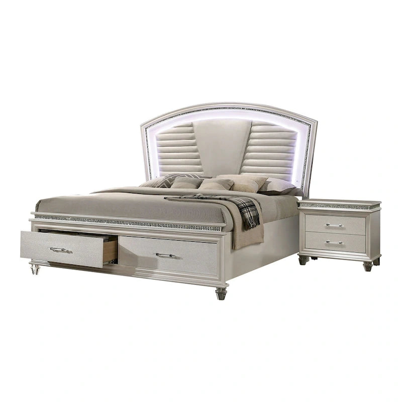 Ensemble de chambre à coucher Xian Glam White 2 pièces en bois massif avec plateforme et éclairage LED