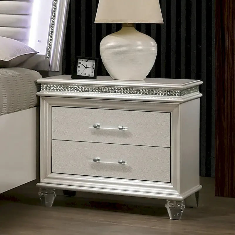 Ensemble de chambre à coucher Xian Glam White 2 pièces en bois massif avec plateforme et éclairage LED
