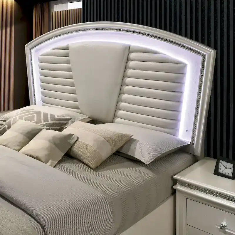 Ensemble de chambre à coucher Xian Glam White 2 pièces en bois massif avec plateforme et éclairage LED