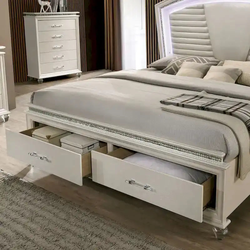 Ensemble de chambre à coucher Xian Glam White 2 pièces en bois massif avec plateforme et éclairage LED
