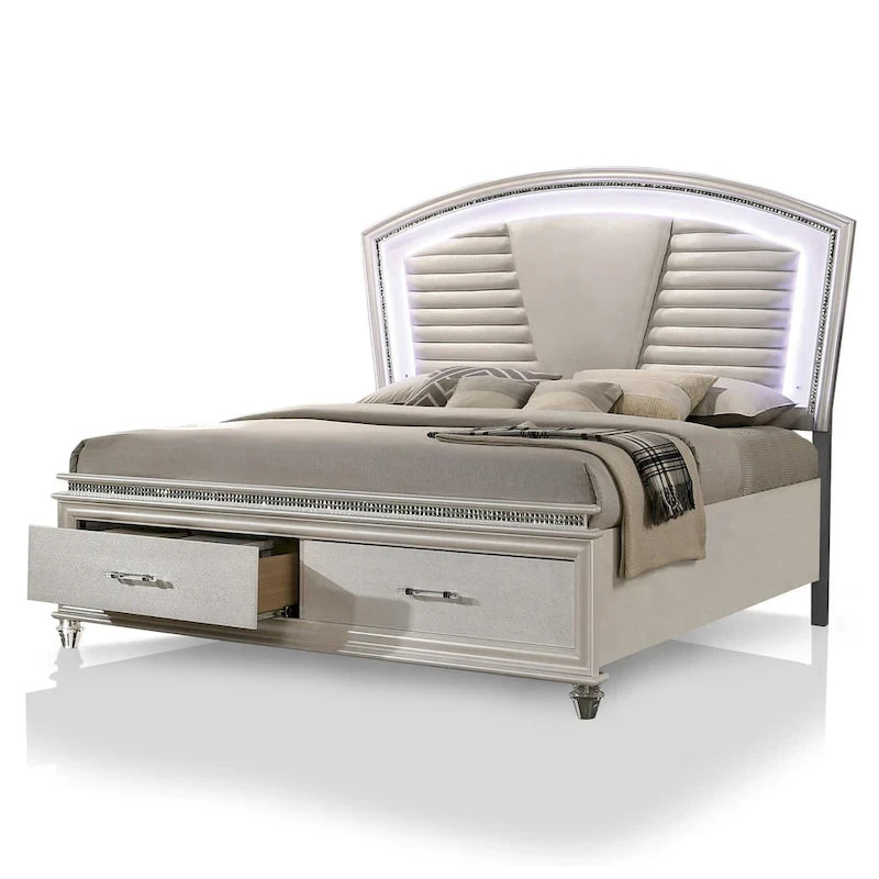 Ensemble de chambre à coucher Xian Glam White 2 pièces en bois massif avec plateforme et éclairage LED