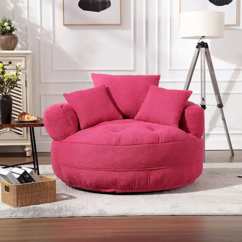 Fauteuil de salon cylindrique rembourré en tissu bouclé avec oreillers décoratifs