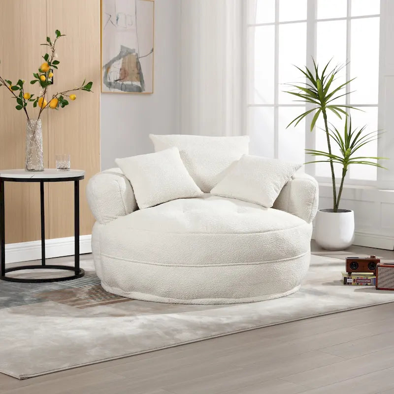 Fauteuil de salon cylindrique rembourré en tissu bouclé avec oreillers décoratifs