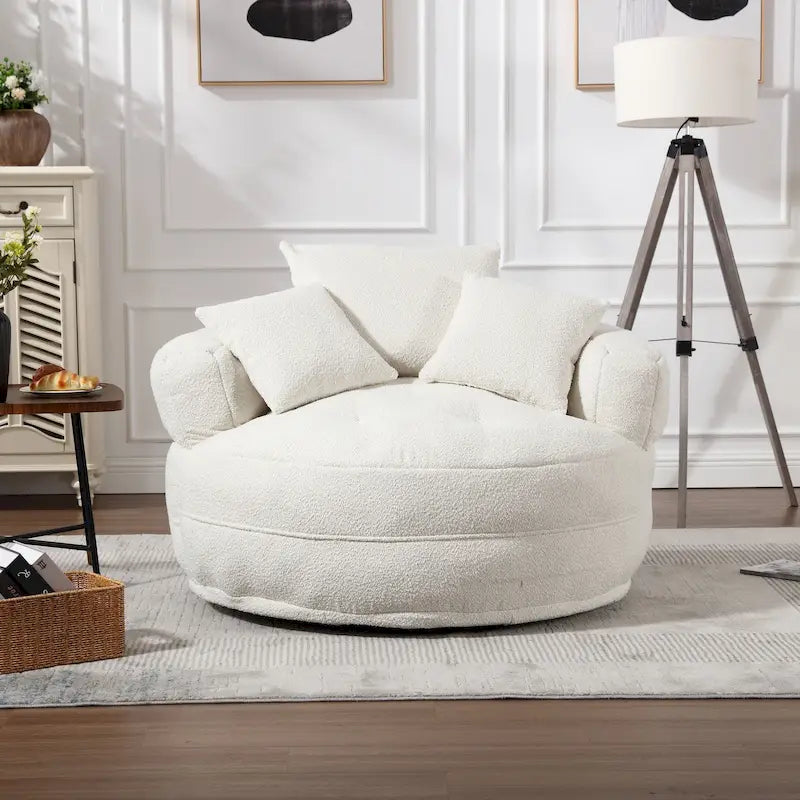 Fauteuil de salon cylindrique rembourré en tissu bouclé avec oreillers décoratifs