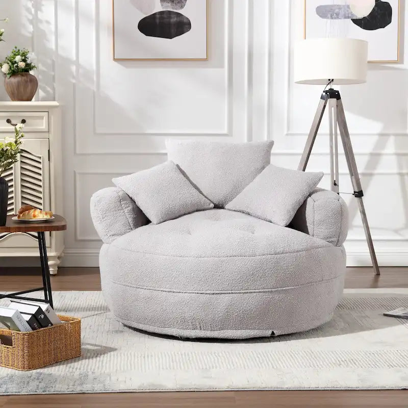 Fauteuil de salon cylindrique rembourré en tissu bouclé avec oreillers décoratifs