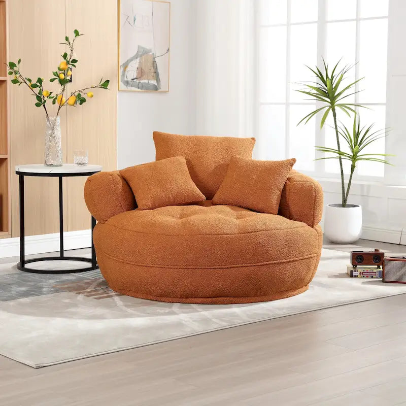 Fauteuil de salon cylindrique rembourré en tissu bouclé avec oreillers décoratifs