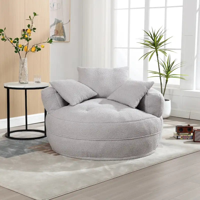 Fauteuil de salon cylindrique rembourré en tissu bouclé avec oreillers décoratifs