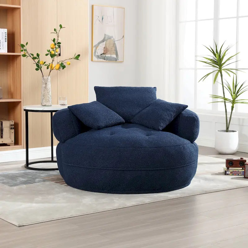 Fauteuil de salon cylindrique rembourré en tissu bouclé avec oreillers décoratifs