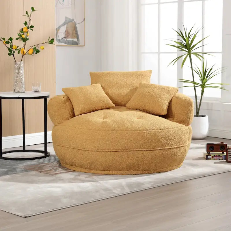 Fauteuil de salon cylindrique rembourré en tissu bouclé avec oreillers décoratifs