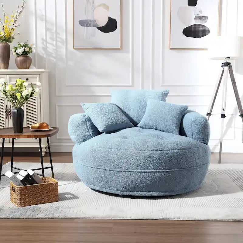 Fauteuil de salon cylindrique rembourré en tissu bouclé avec oreillers décoratifs