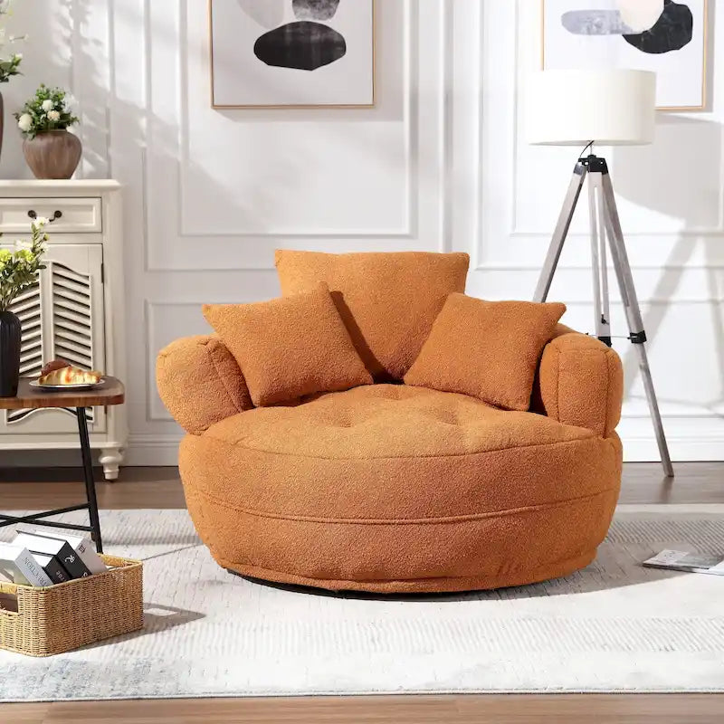Fauteuil de salon cylindrique rembourré en tissu bouclé avec oreillers décoratifs