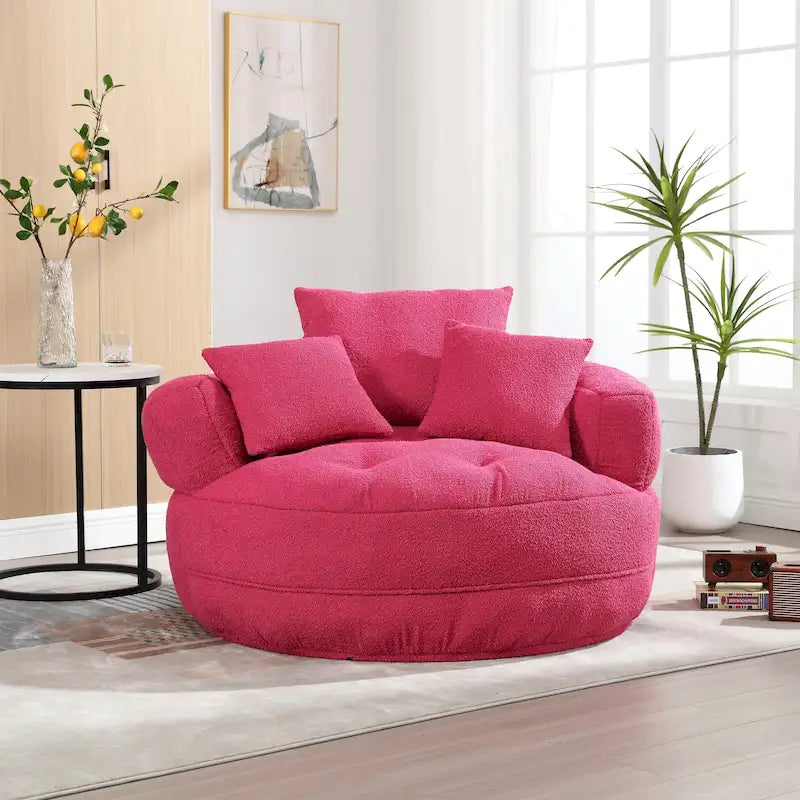 Fauteuil de salon cylindrique rembourré en tissu bouclé avec oreillers décoratifs