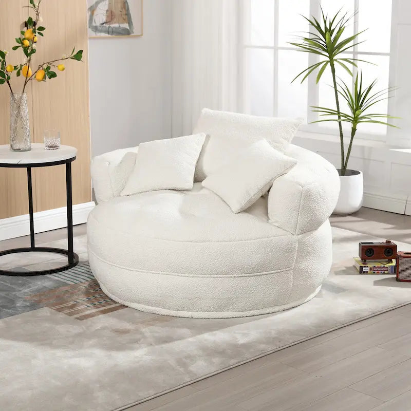 Fauteuil de salon cylindrique rembourré en tissu bouclé avec oreillers décoratifs