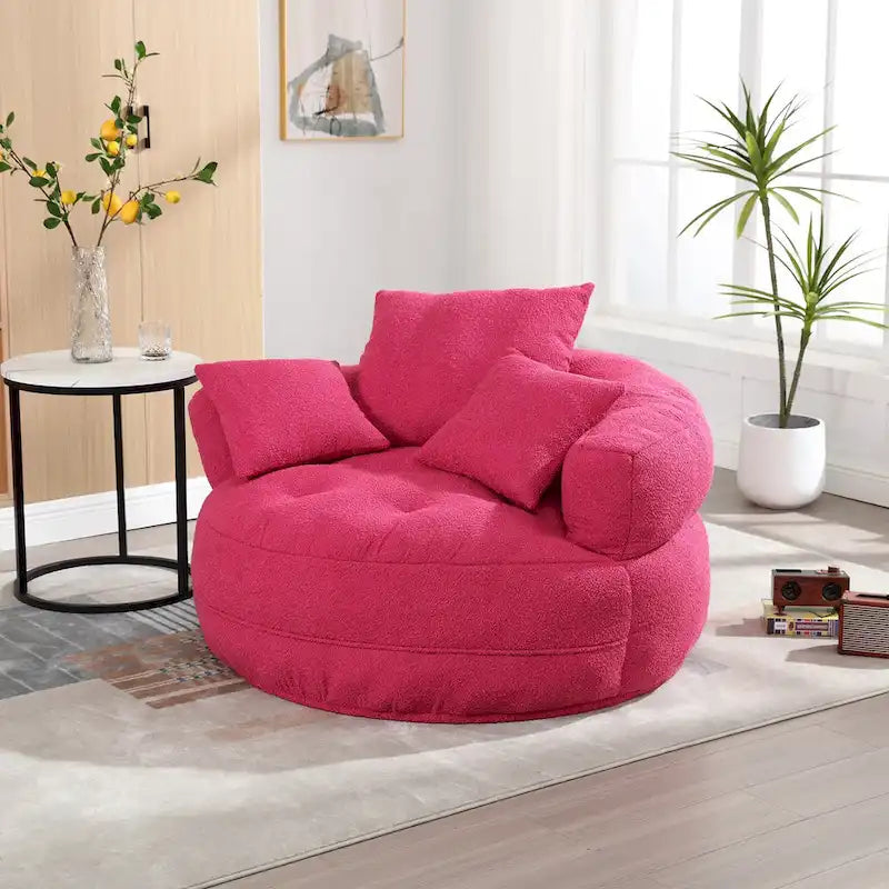 Fauteuil de salon cylindrique rembourré en tissu bouclé avec oreillers décoratifs