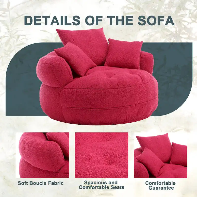 Fauteuil de salon cylindrique rembourré en tissu bouclé avec oreillers décoratifs