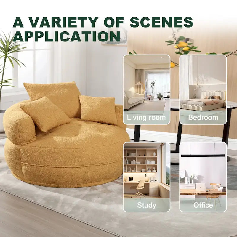 Fauteuil de salon cylindrique rembourré en tissu bouclé avec oreillers décoratifs