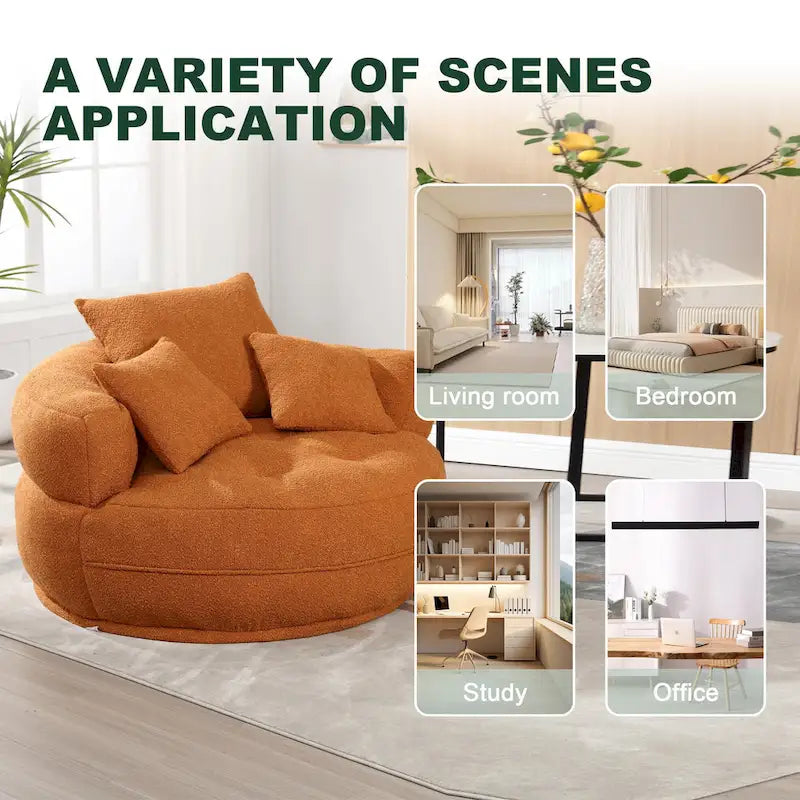 Fauteuil de salon cylindrique rembourré en tissu bouclé avec oreillers décoratifs