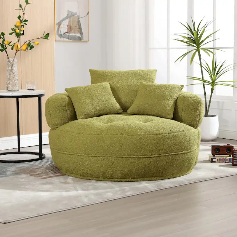 Fauteuil de salon cylindrique rembourré en tissu bouclé avec oreillers décoratifs