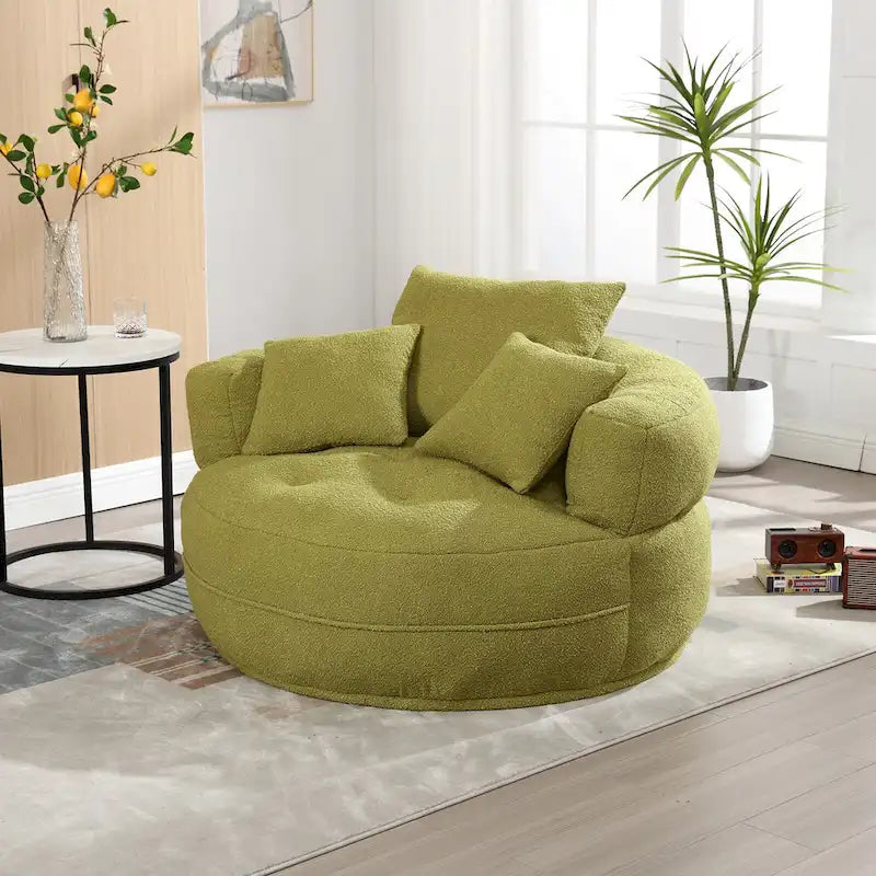 Fauteuil de salon cylindrique rembourré en tissu bouclé avec oreillers décoratifs