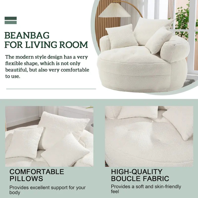 Fauteuil de salon cylindrique rembourré en tissu bouclé avec oreillers décoratifs